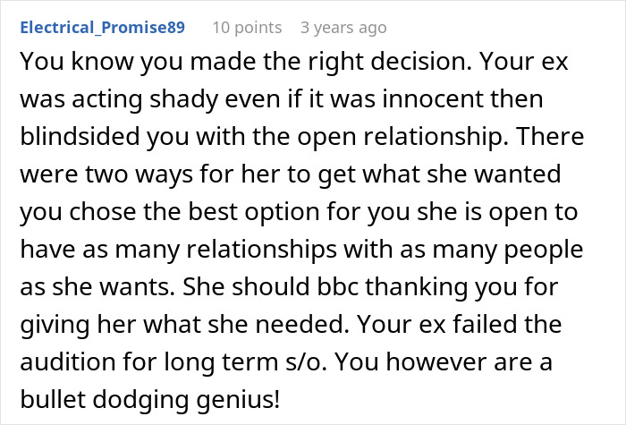 Screenshot of a Reddit comment discussing a woman suggesting an open relationship and the guy breaking up.