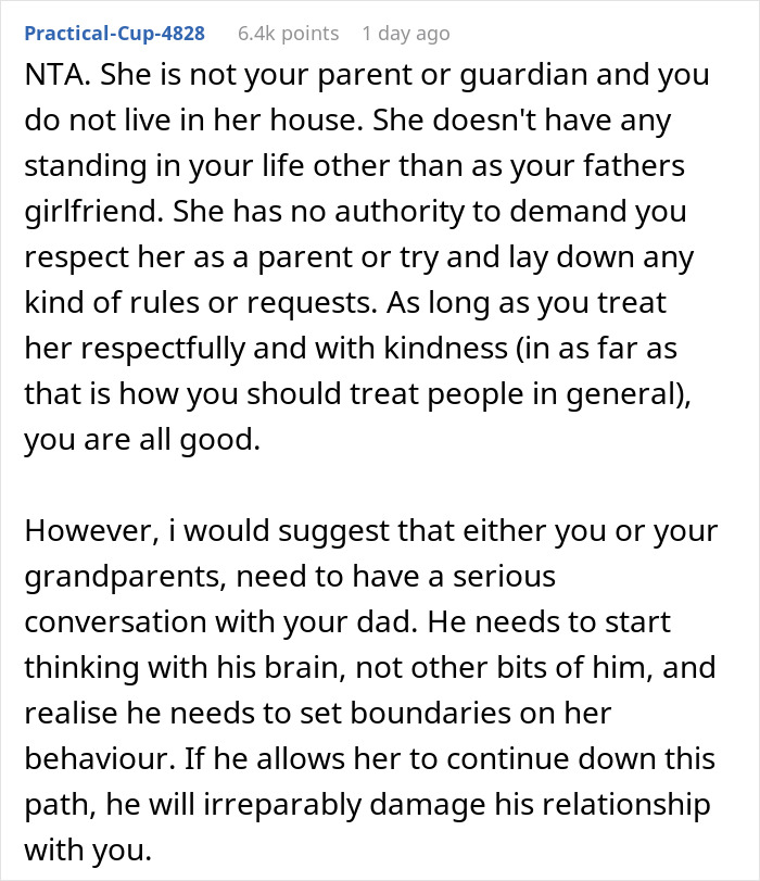 Comment explaining woman trying to enforce family rules on boyfriend&rsquo;s son who doesn&rsquo;t live with them.