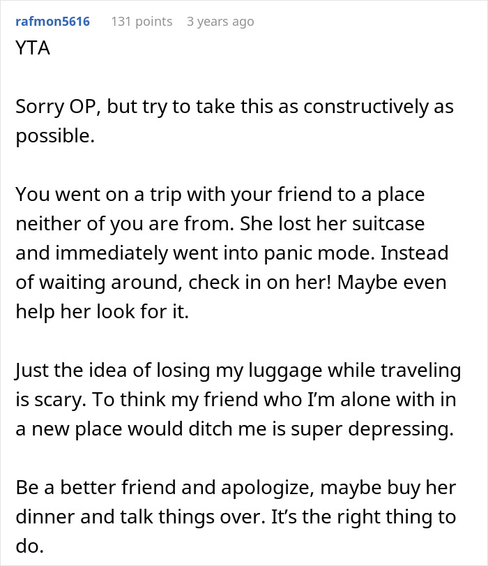 Screenshot of a forum comment discussing a woman ditching her friend at the airport after her carry-on goes missing.