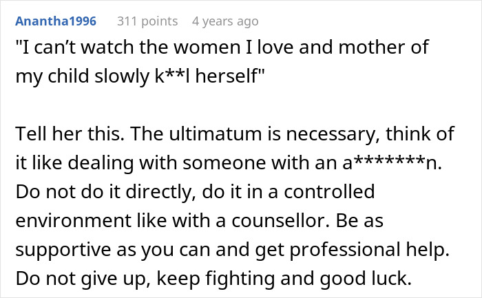 Comment about a husband struggling to accept his wife's weight gain, advising support and professional help.