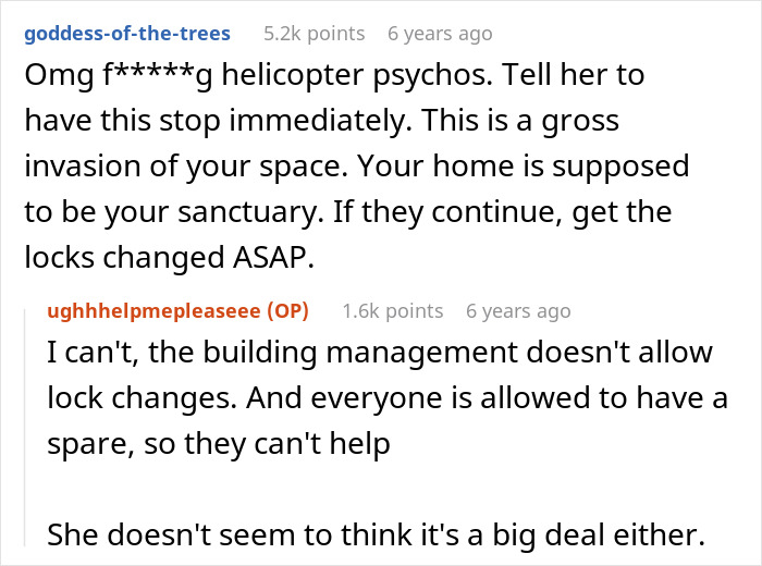 Online forum comments discussing a woman stunned as roommate&rsquo;s parents use spare key to act like babysitters.