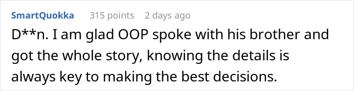 Comment text on a white background discussing a son figuring out why his mother wants to reconcile after 32 years.