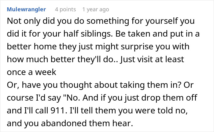 Comment text on a screen about family struggles and decisions, highlighting teen escape from horrible family situations.