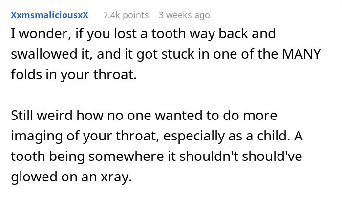 Comment discussing a man&rsquo;s throat pain mystery possibly caused by a swallowed tooth stuck in throat folds.