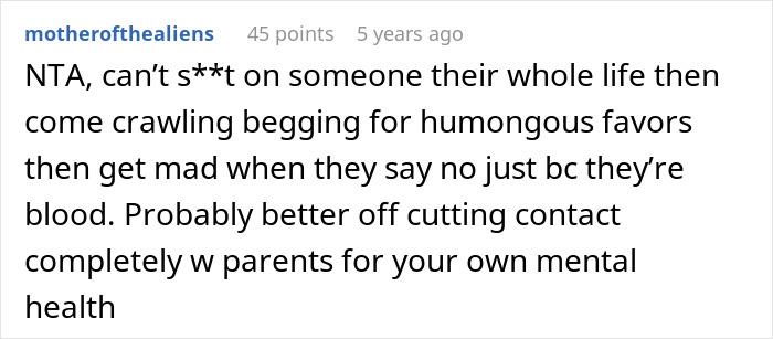 Comment on family audacity asking man for kidney after mistreatment, with advice on cutting contact for mental health.