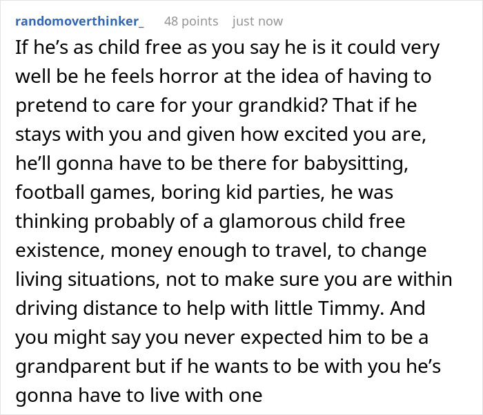 Comment discussing boyfriend breakup and new grandma drama involving childcare and lifestyle changes.