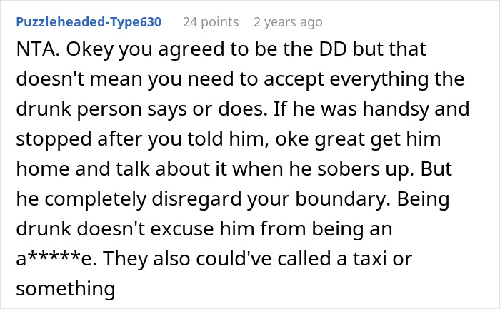 Screenshot of an online comment discussing a woman telling a drunk boyfriend to stop acting like a jerk.