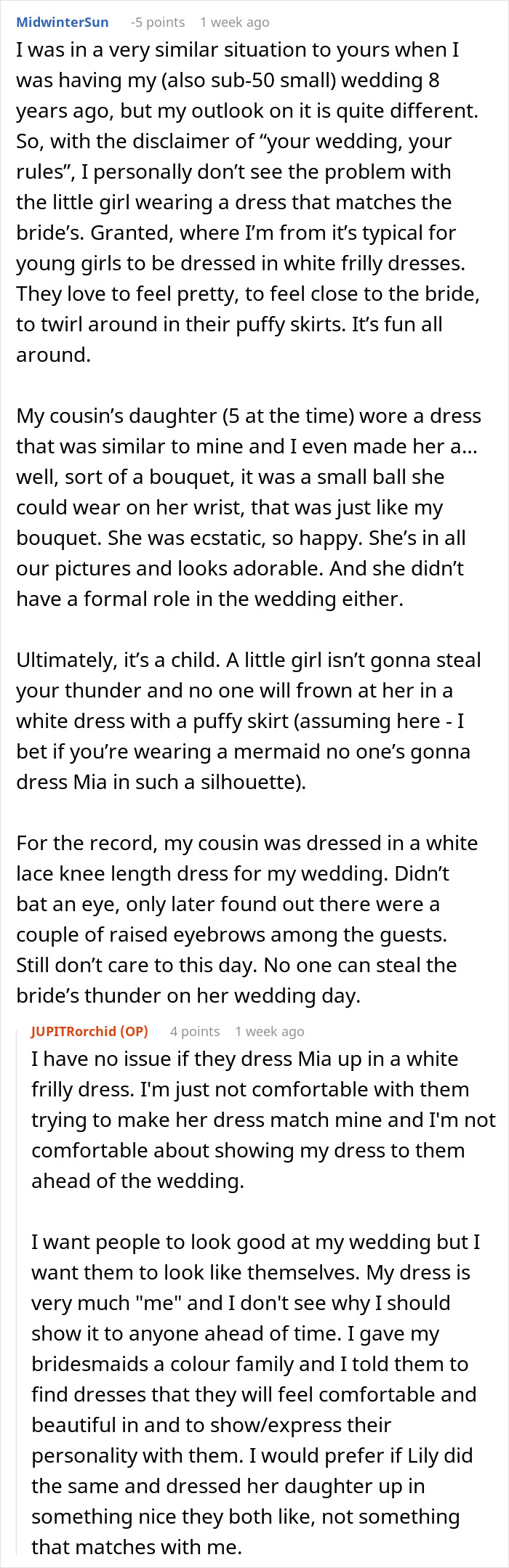 Attention-seeking mom insists on dressing 3-year-old daughter in same dress as bride, causing wedding outfit conflict.