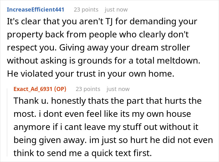 Mom shocked to find nursery empty after husband gifted stroller to sister without discussion, causing trust issues.