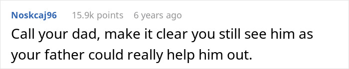 Comment text on a white background discussing family and father relationships after a DNA test revealing uncle is actually dad.