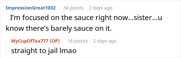 Online comment thread with users debating about leftovers and sauce quantity in a relationship support discussion.