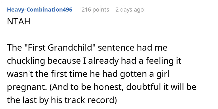 Screenshot of an online comment discussing a guy praised for taking responsibility and refusing to help spoiled brother.