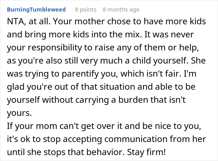 Reddit comment discussing a teen's struggle being a third parent to seven kids at his mom&rsquo;s house.