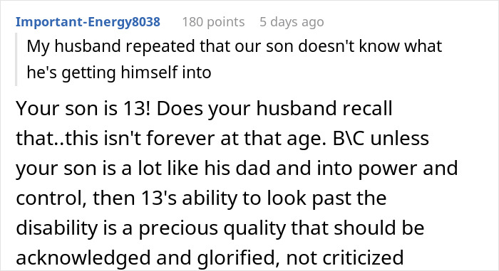 Screenshot of a Reddit comment discussing an ableist dad worried about his 13-year-old son in love with a wheelchair user.