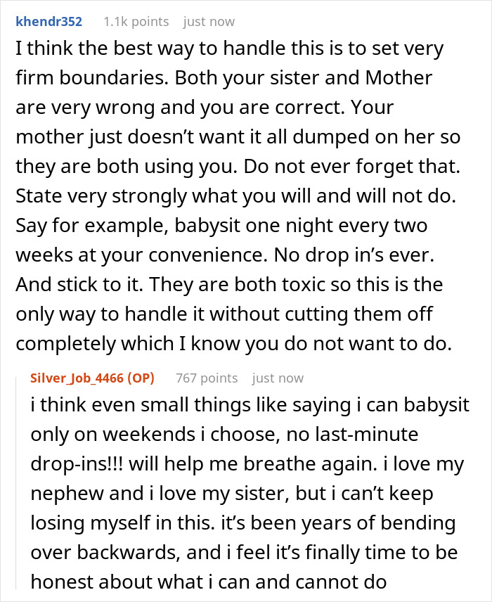 Reddit thread discussing setting boundaries as an older sister helping a single mom with baby, managing toxic family dynamics.