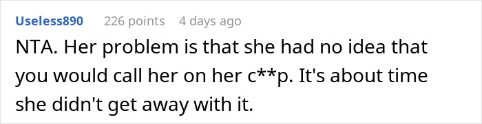 Comment discussing a woman firing back after sister insults her, causing husband to go red and kids to be confused.