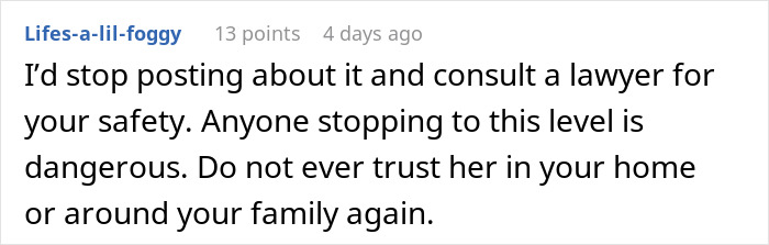 Reddit comment warning about dangerous postpartum boundary retaliation and advising legal consultation for safety.