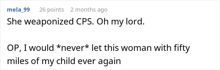 Screenshot of an online comment discussing retaliation against postpartum boundaries and child protection concerns.