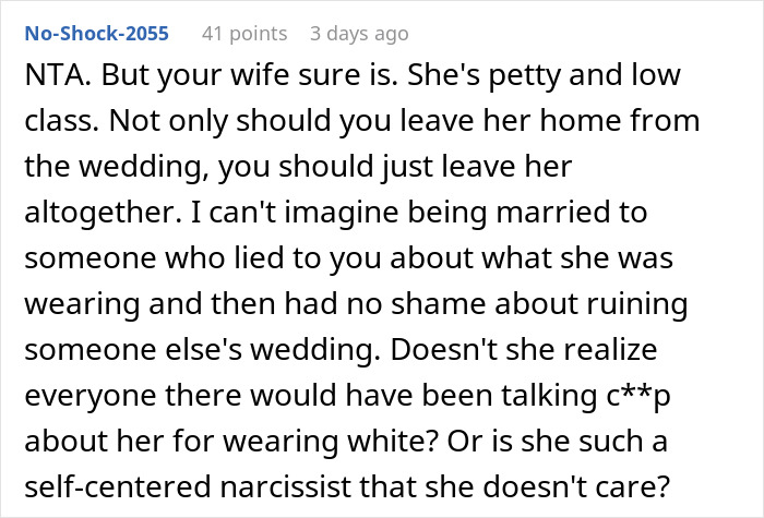 Comment discussing a husband leaving wife over her controversial clothing choice for brother's wedding and its social impact.