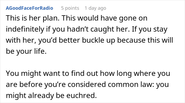 User comment discussing a girlfriend who quits her job but pretends to work, and boyfriend's reaction after 6 months.
