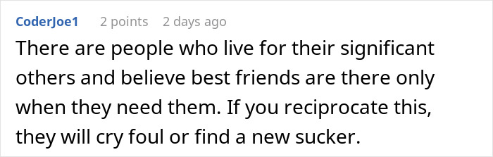 Screenshot of a forum comment discussing how best friend backup plan hurt feelings when friends are only needed occasionally.