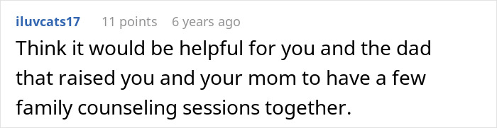 Comment discussing family counseling sessions after a DNA test reveals uncle is actually dad causing family chaos