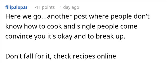 Screenshot of a Reddit comment discussing cooking skills and relationship advice in a post about supporting a boyfriend in mourning.