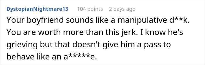 Screenshot of a Reddit comment criticizing a boyfriend&rsquo;s manipulative behavior during mourning over leftover food support.