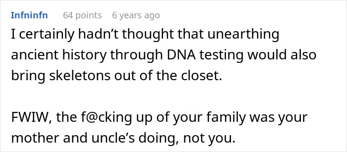 Comment discussing how DNA testing reveals family secrets and causes unexpected family chaos.