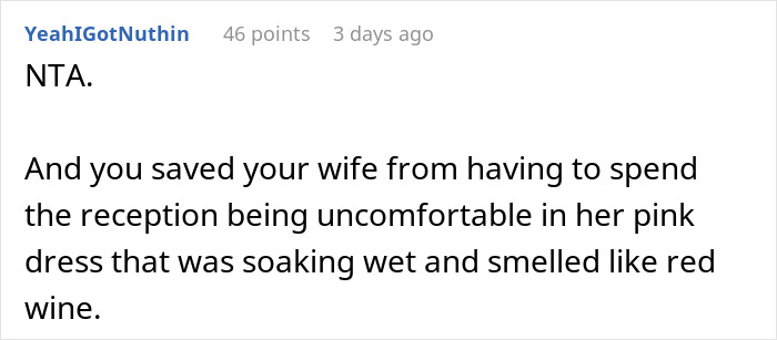 Comment text about wife’s pink dress at brother’s wedding, discussing discomfort and husband leaving after outfit reveal.