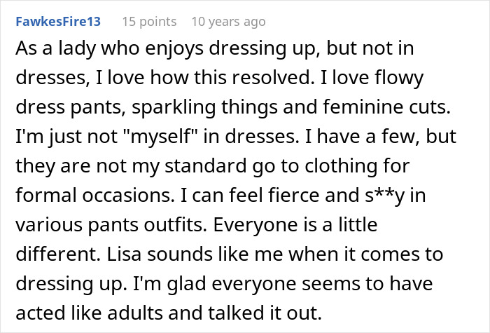 Comment expressing personal style preference as girlfriend refuses to wear dresses for a wedding, highlighting individuality.
