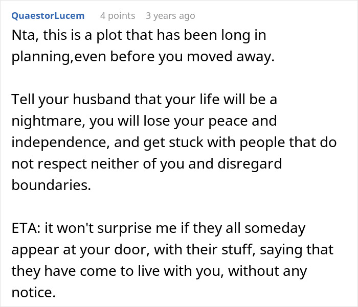 Comment discussing a woman fed up with in-laws constantly showing up unannounced and boundary issues.