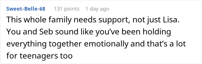 Comment about family support and emotional struggles faced by teenagers, highlighting widowed dad and teen daughter's jealousy conflict.