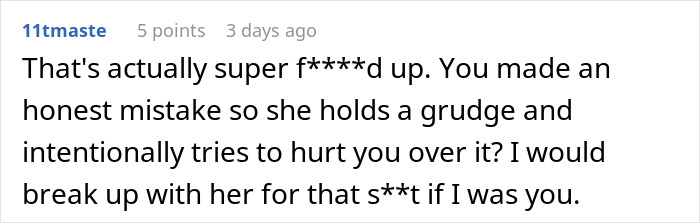 Screenshot of an online comment discussing a woman upset her boyfriend likes her gift, touching on relationship disappointment.