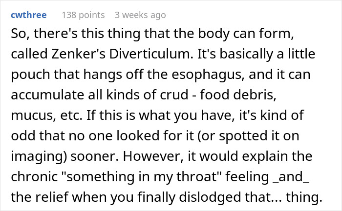 Man describing 35 years of throat pain caused by Zenker's Diverticulum, a hidden esophagus pouch causing discomfort.
