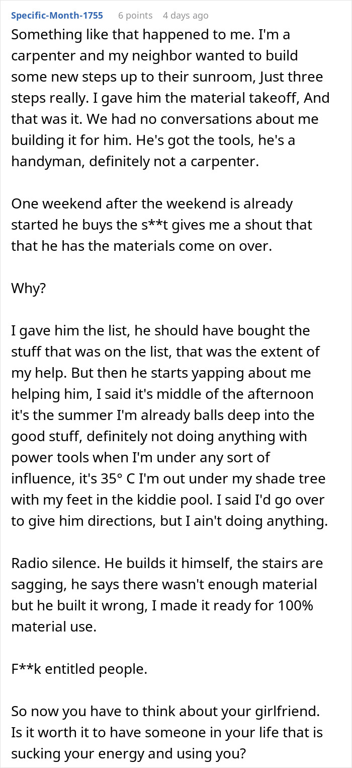 Text post explaining frustration over being volunteered for free labor and refusal causing insult in a relationship conflict.