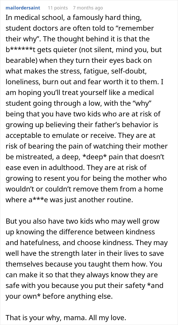 Text from a woman sharing struggles with a husband who keeps leaving and coming back, receiving a reality check about family impact.