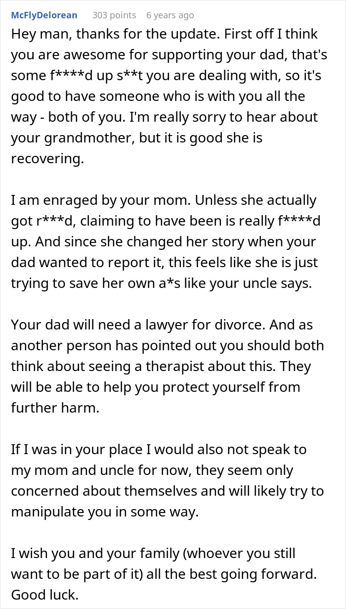 Comment discussing family chaos after one DNA test reveals uncle is actually dad, sharing support and advice.