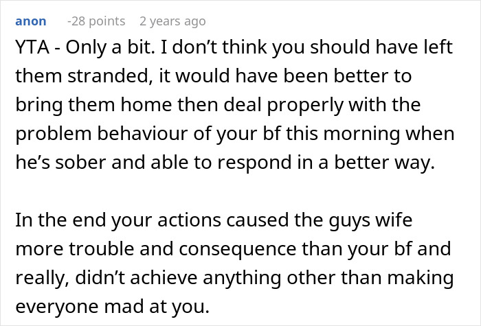 Screenshot of a Reddit comment discussing a woman confronting her drunk boyfriend about his jerk behavior.
