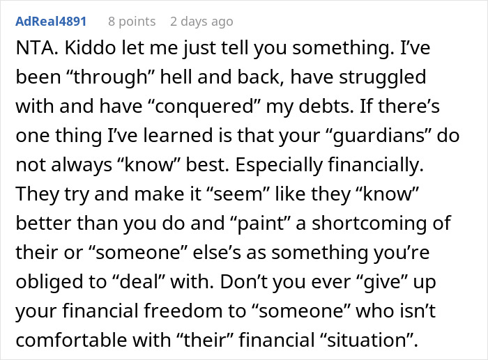 Screenshot of a Reddit comment where a user discusses refusing to help a spoiled brother and family conflict over financial independence.
