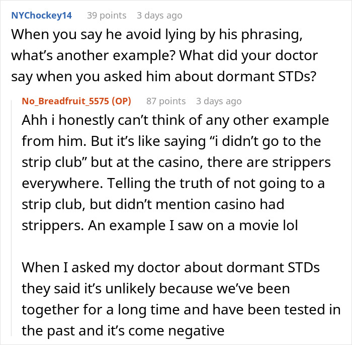 Reddit conversation discussing boyfriend cheating and concerns about chlamydia in a relationship with questions about dormant STDs.