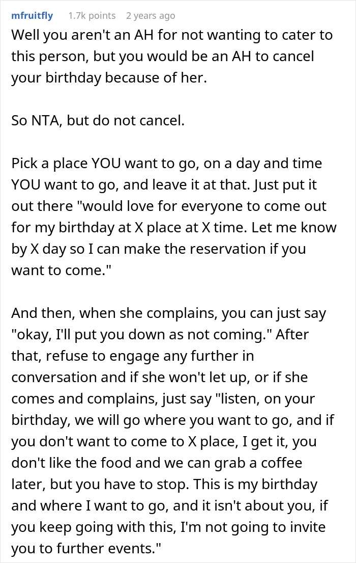 Text from a discussion forum where a woman shares advice about handling a friend&rsquo;s strict diet on her birthday.