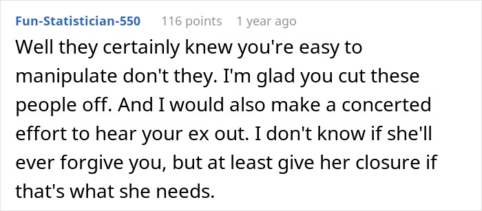 Comment expressing support for cutting off male relatives and friends who ruined guy's marriage to get with his ex-wife.