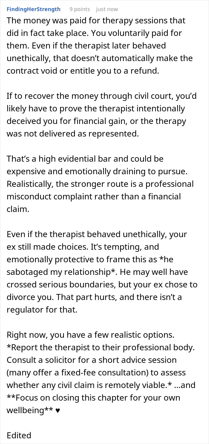 Man funds &pound;3K therapy to fix marriage, later realizes wife dates therapist after sessions he paid for.