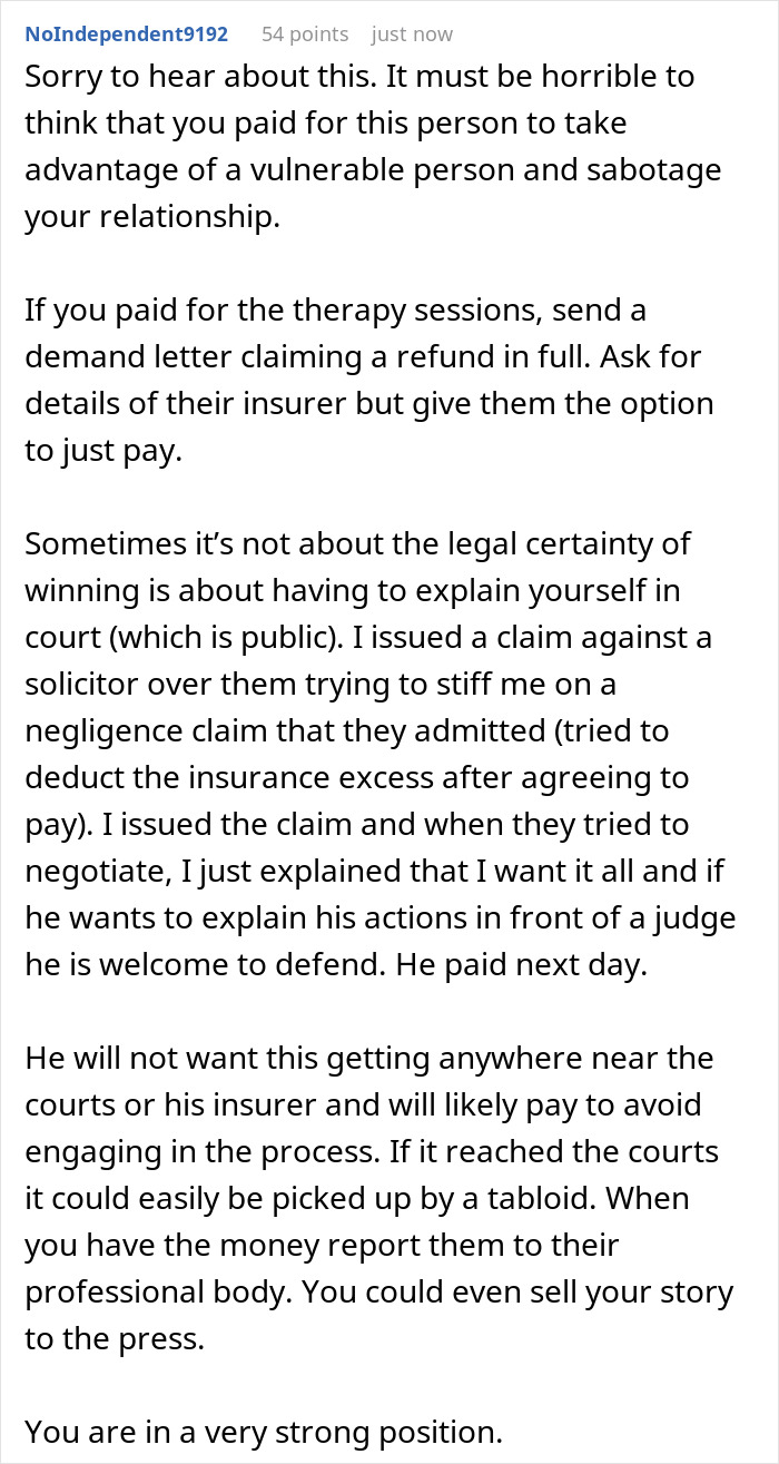 Reddit comment advising a man to seek a refund after funding &pound;3K therapy for marriage that led to wife dating therapist.