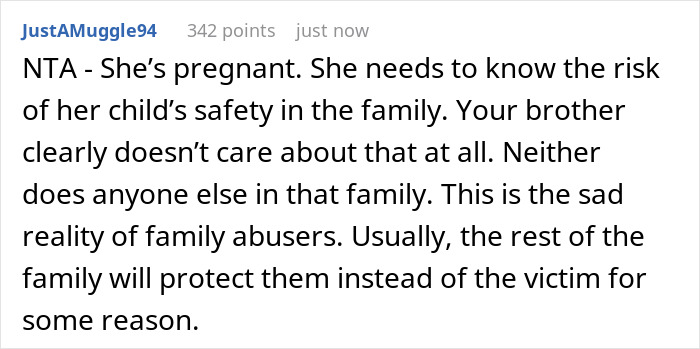 Comment discussing family safety concerns and the impact of a family patriarch on brothers' marriages collapsing.