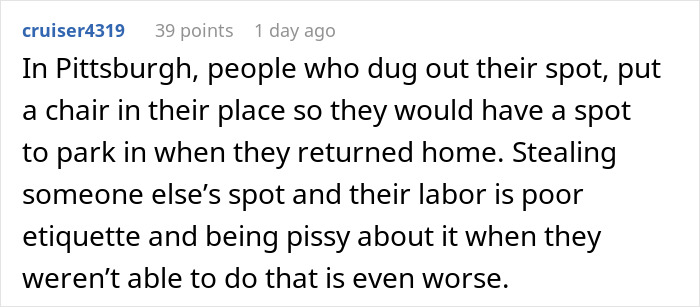 Alt text: Reddit comment about snow-free parking spot etiquette and conflicts over saving parking spaces in Pittsburgh neighborhoods. Alt text: Reddit comment about snow-free parking spot etiquette and conflicts over saving parking spaces in Pittsburgh neighborhoods.