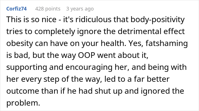 Text comment about body positivity and obesity effects, reflecting a husband struggling to accept his wife&rsquo;s weight gain.