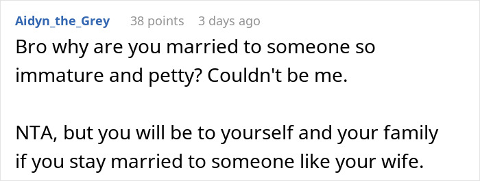Comment discussing immaturity and pettiness in marriage after wife reveals her outfit plans for brother's wedding.