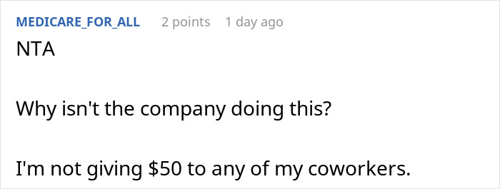 Alt text: Text conversation about a woman refusing to contribute fifty dollars to a coworker's retirement gift after negative experiences.